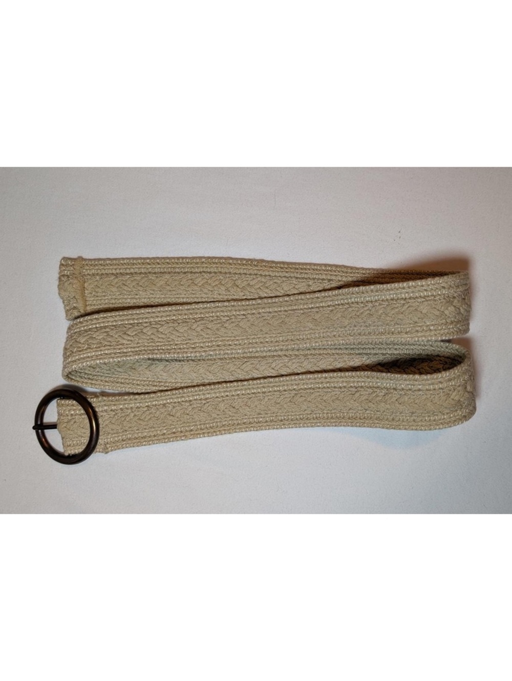 Vintage 2000s Beige Woven Fabric Belt with Round Buckle 44” Long